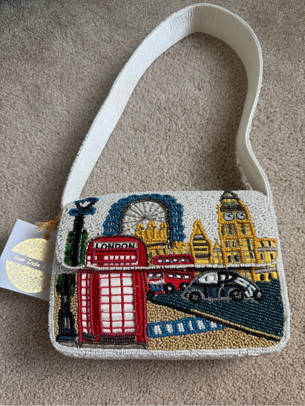 Beaded London Scene Shoulder Bag - White